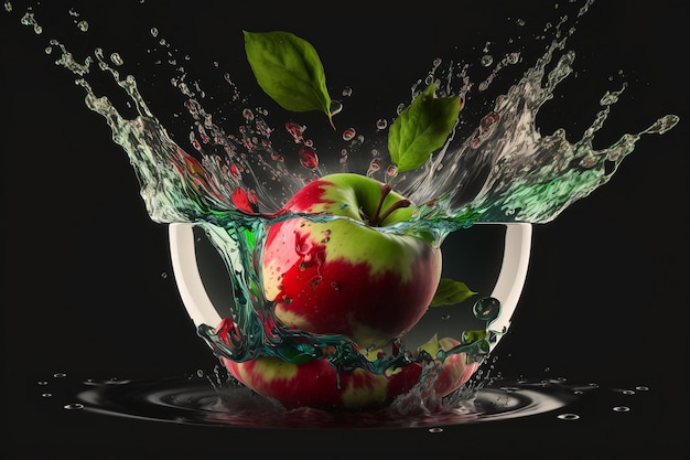 A bowl of fruit with a green leaf and water splashing around it.