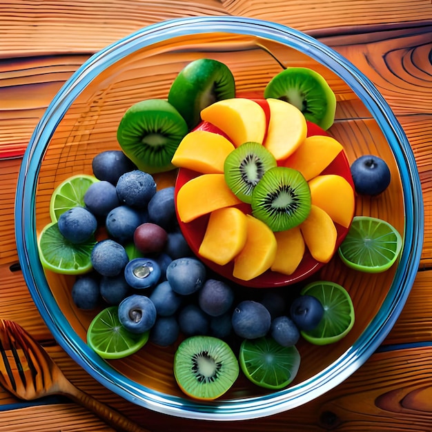 A bowl of fruit with kiwis, kiwis, kiwis, and limes.