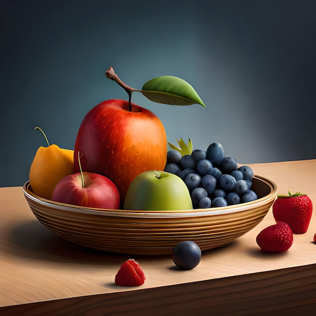 a bowl of fruit with a leaf on it and a fruit in the middle.