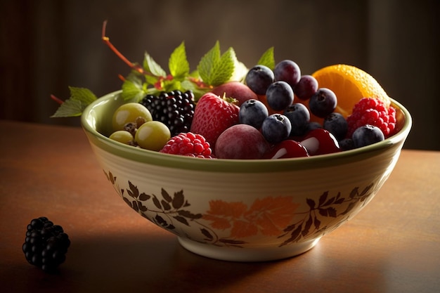 A bowl of fruit with a leaf motif on it