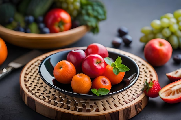 Foto una ciotola di frutta con una foglia in cima