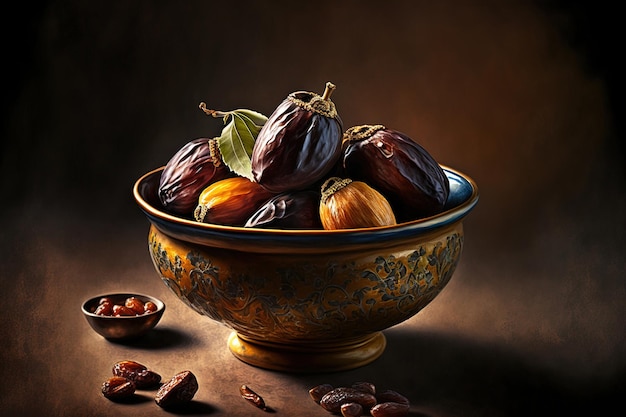 A bowl of fruit with a leaf on the top.