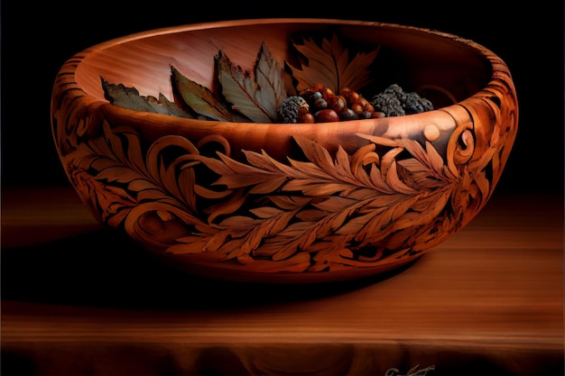 A bowl of fruit with leaves and berries on it