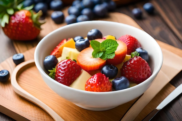 A bowl of fruit with a mint leaf on it