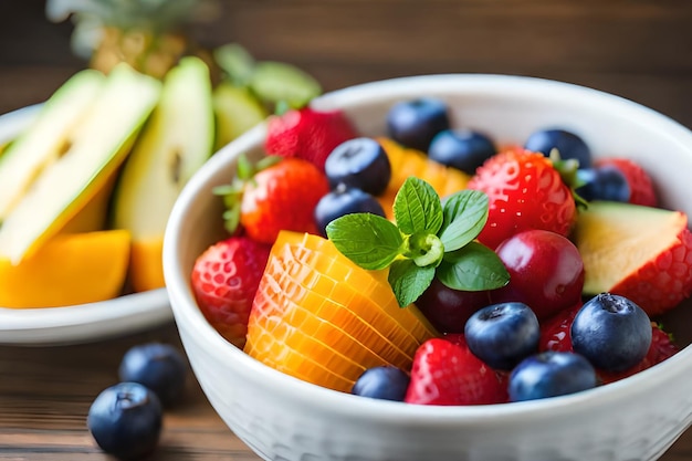 A bowl of fruit with a mint leaf on the side