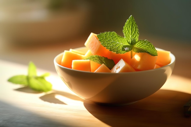 A bowl of fruit with a mint leaf on the side