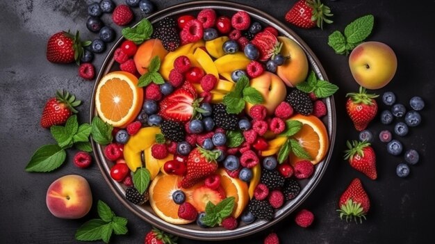 A bowl of fruit with mint leaves on the side