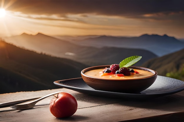 a bowl of fruit with a mountain in the background