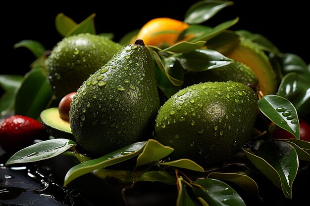 Foto una ciotola di frutta con arance e foglie verdi.