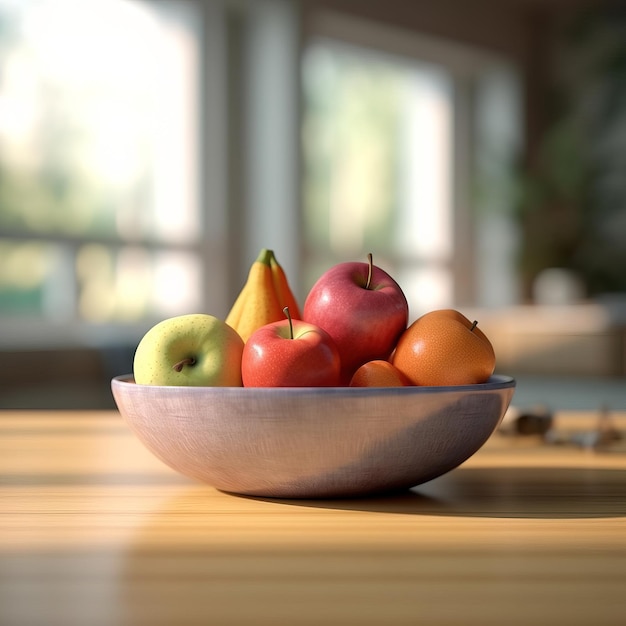 A bowl of fruit with a pear on the top.