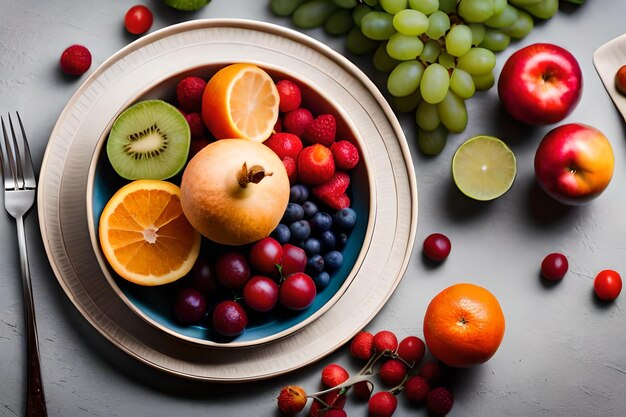 A bowl of fruit with a plate of fruit on it