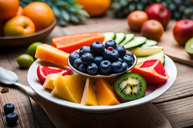 A bowl of fruit with a plate of kiwi and melon on it