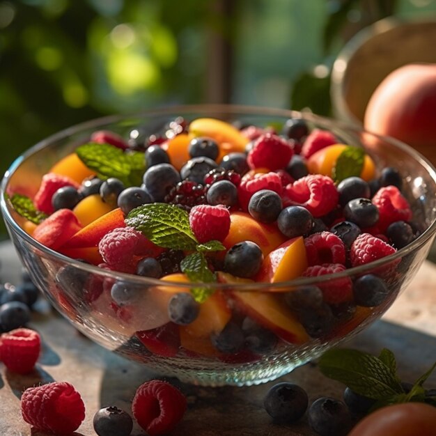 A bowl of fruit with raspberries and blueberries