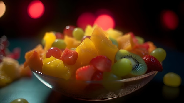 A bowl of fruit with a red light in the background