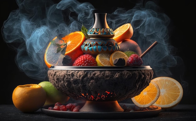 A bowl of fruit with a smokey background