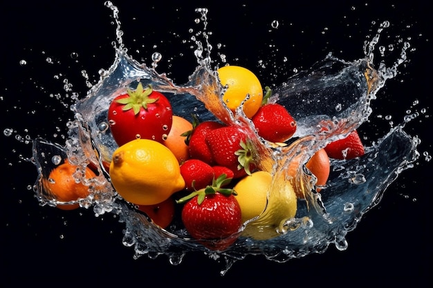 A bowl of fruit with a splash of water in it