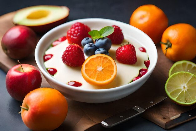 A bowl of fruit with a spoon and a bowl of fruit with a spoon on it