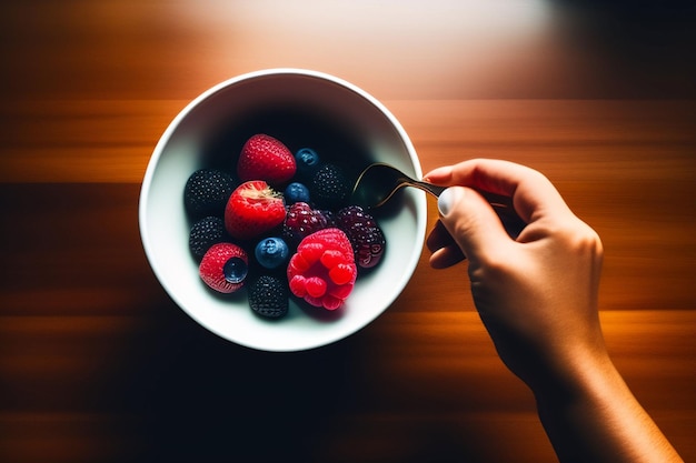 A bowl of fruit with a spoon in it