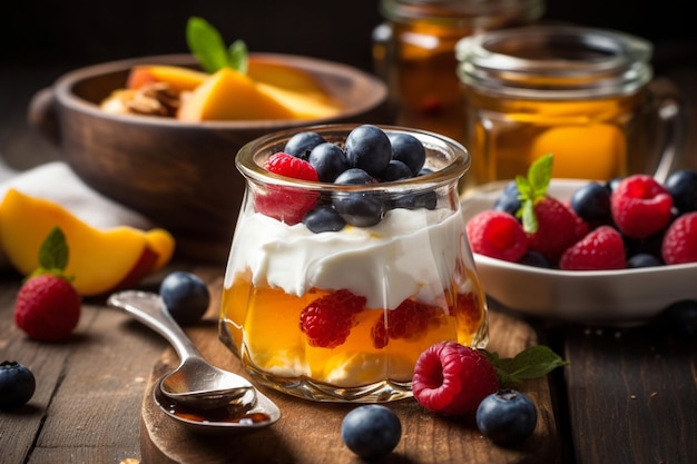 A bowl of fruit with a spoon next to it