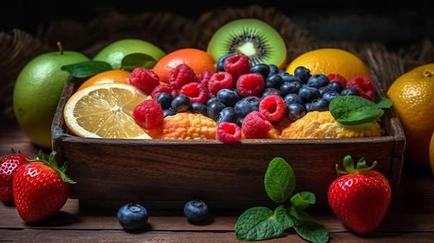 A bowl of fruit with a strawberries, kiwi, kiwi, and blueberries