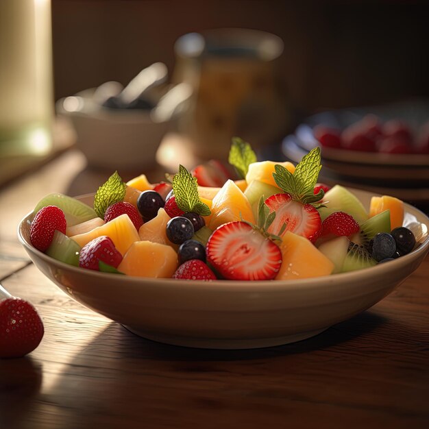 A bowl of fruit with strawberries and strawberries on a table.