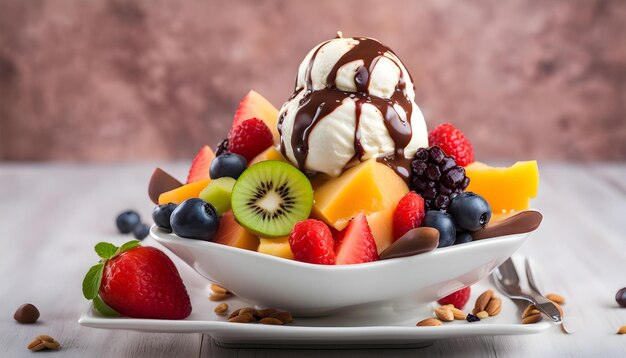 Photo a bowl of fruit with a strawberry and chocolate ice cream