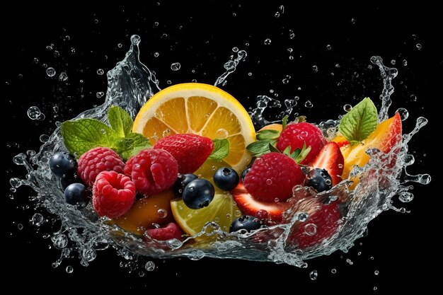 A bowl of fruit with water splashing in the background
