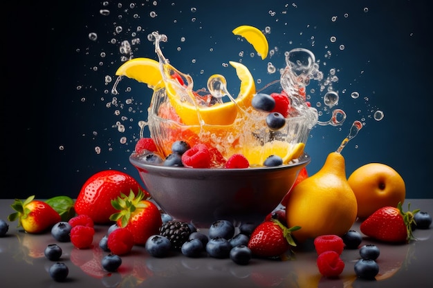 Bowl of fruit with water splashing out of the top of it Generative AI