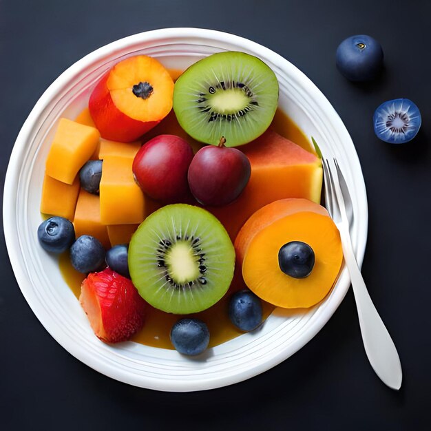 A bowl of fruit with a white spoon on a black background.