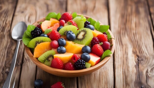 Photo a bowl of fruit with a wooden background