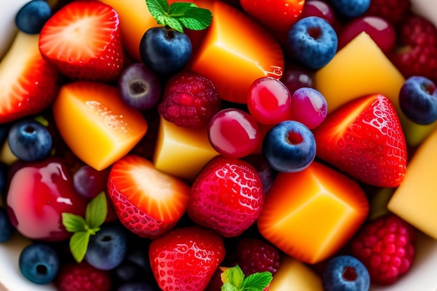 A bowl of fruit with the word fruit on it