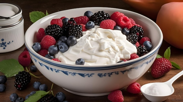 A bowl of fruit with yogurt and berries