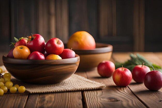 A bowl of fruit on a wooden table with a wooden background.