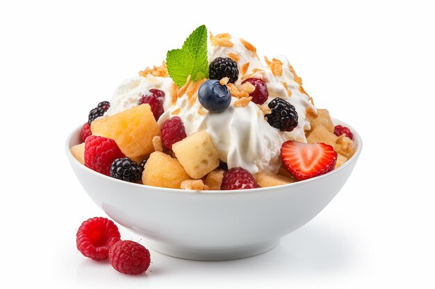 a bowl of fruit and yogurt with berries and strawberries.