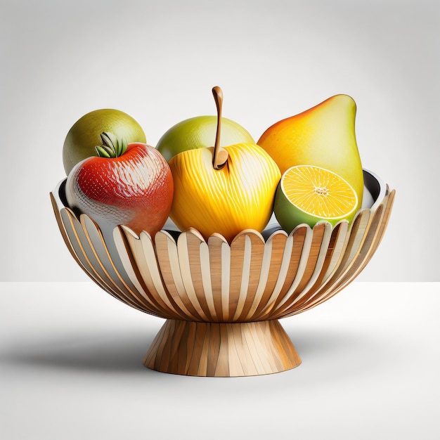 A bowl of fruits with a pear desigm on the bottom