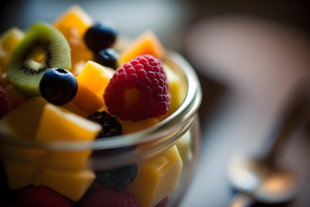 A bowl of fruits with a raspberry on top