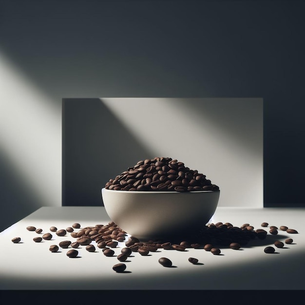 Photo a bowl full of coffee beans on a white background with coffee beans scattered around