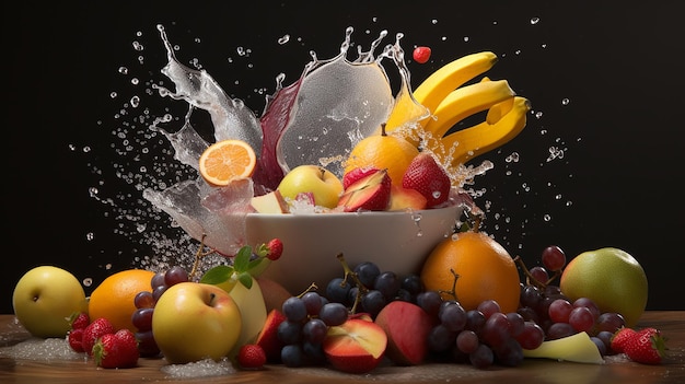 A bowl full of fruits splashing while more fruit on dark background 8K