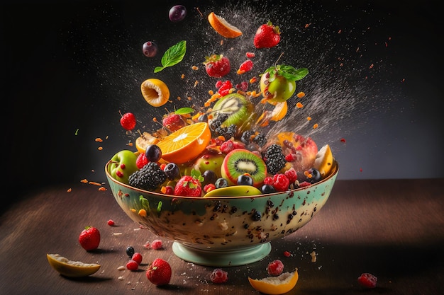 A bowl full of fruits splashing while more fruit fall inside Generative AI