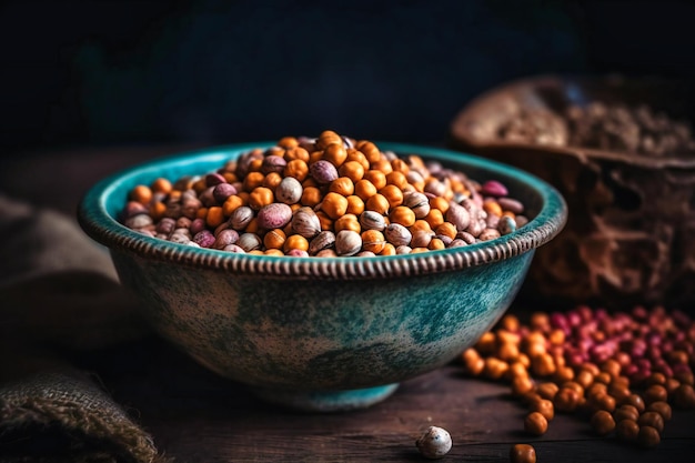 A bowl full of legumes and legume seeds