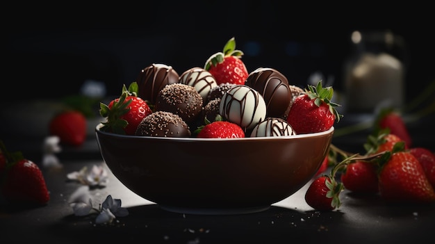 Bowl full of strawberries and strawberry bonbons on a black background Chocolate