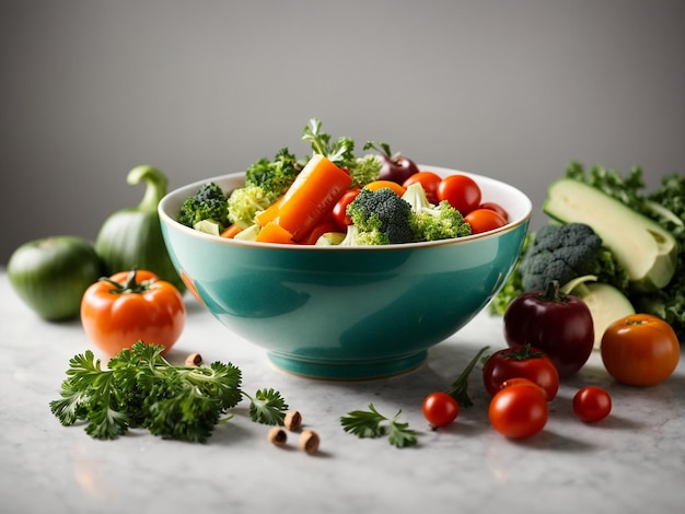 A bowl full of vegetables on a white background