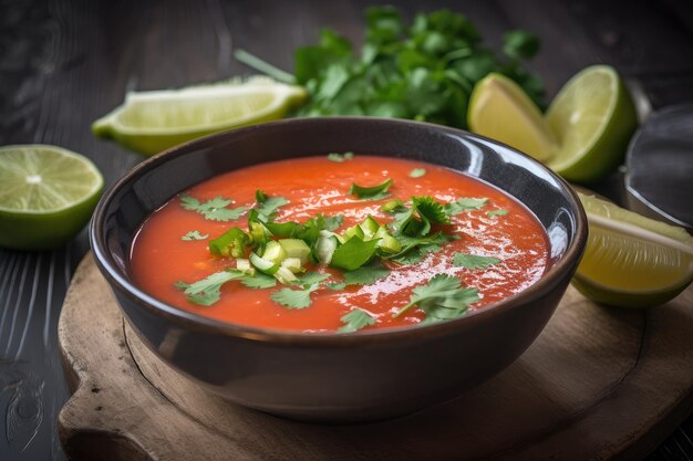 A bowl of gazpacho garnished with chopped herbs and a wedge of lime