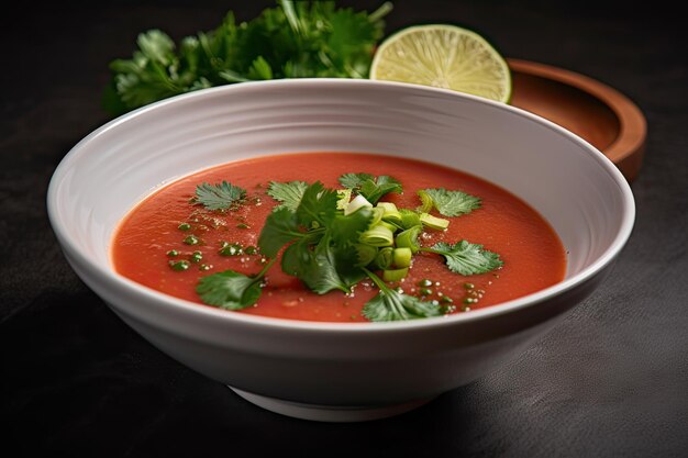 A bowl of gazpacho garnished with chopped herbs and a wedge of lime