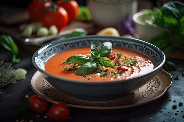 Bowl of gazpacho garnished with olive and basil leaves