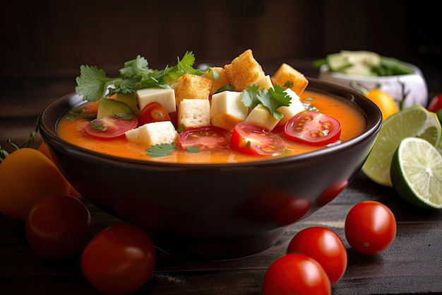 Bowl of gazpacho topped with chunks of fresh and juicy tomatoes