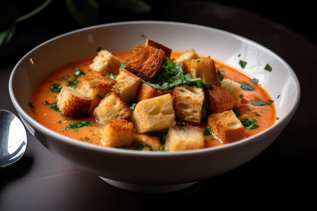 Bowl of gazpacho topped with croutons and garnish