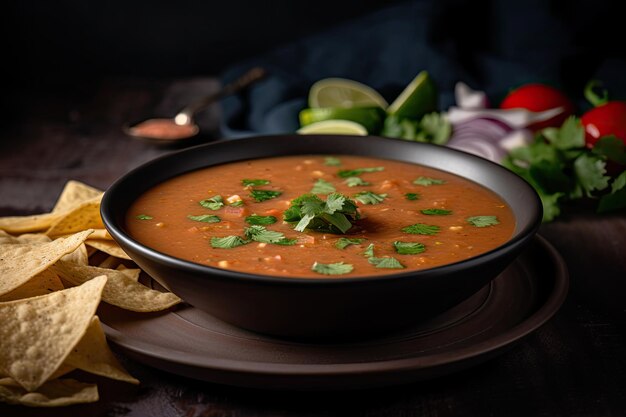 Bowl of gazpacho with tortilla chips and garnish