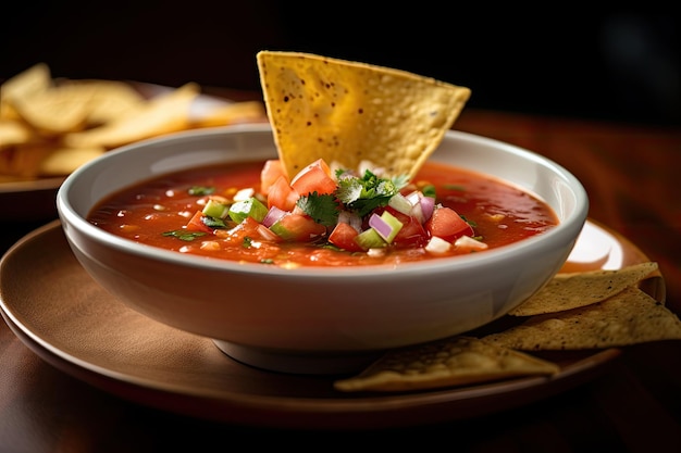 Bowl of gazpacho with tortilla chips and garnish