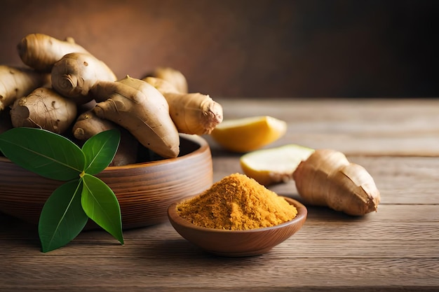 A bowl of ginger with a leafy green leaf next to it